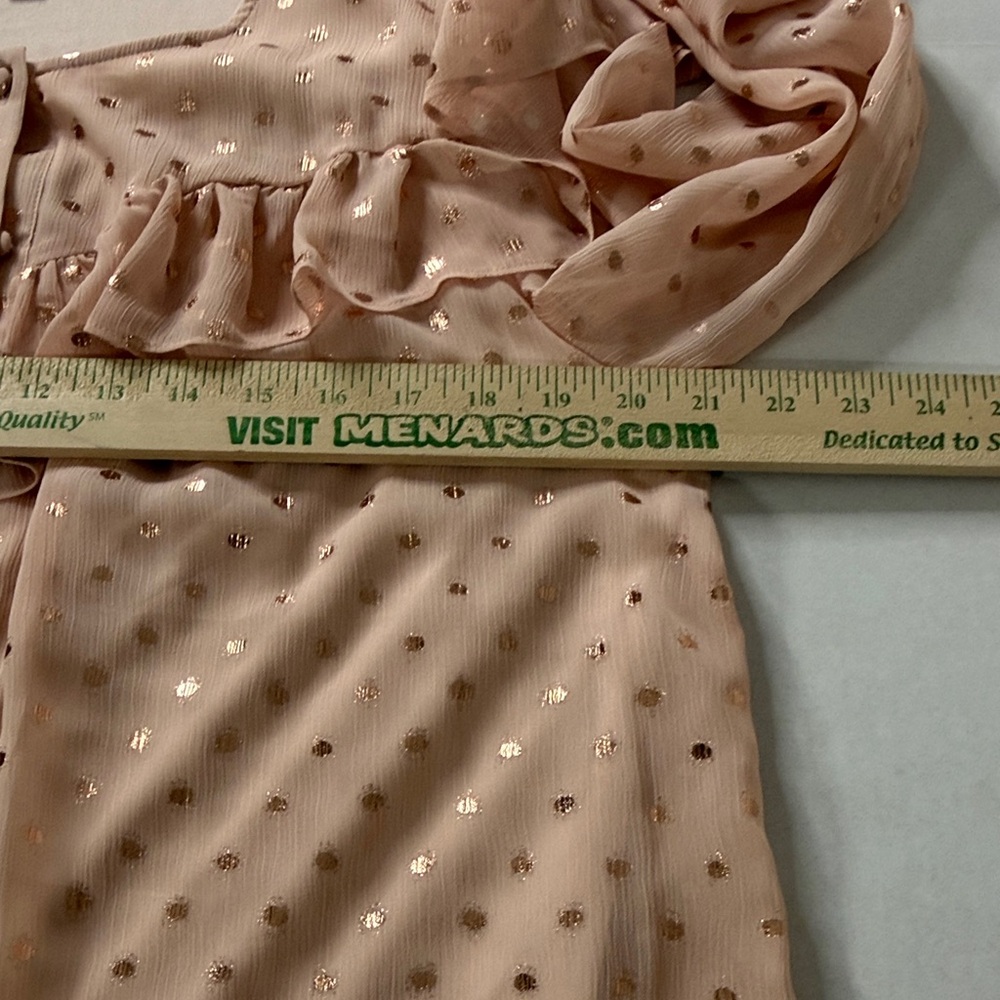 LC Lauren Conrad Blush Pink Metallic Polka Dot Ruffle Blouse Size Large - Picture 13 of 14